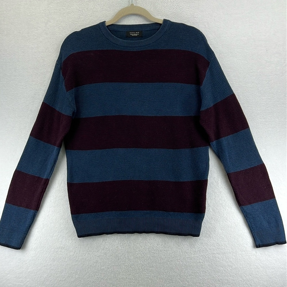 Zara Man Pullover Sweater Sz S/M* Blue/Purple Crew Neck Striped Cotton Blend - Picture 1 of 10